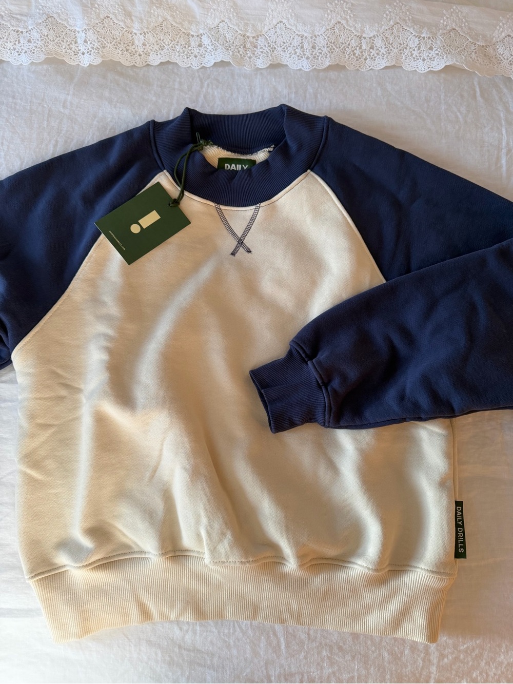 Daily Drills Navy and Cream Crewneck Raglan Sweatshirt, heavyweight mock neck